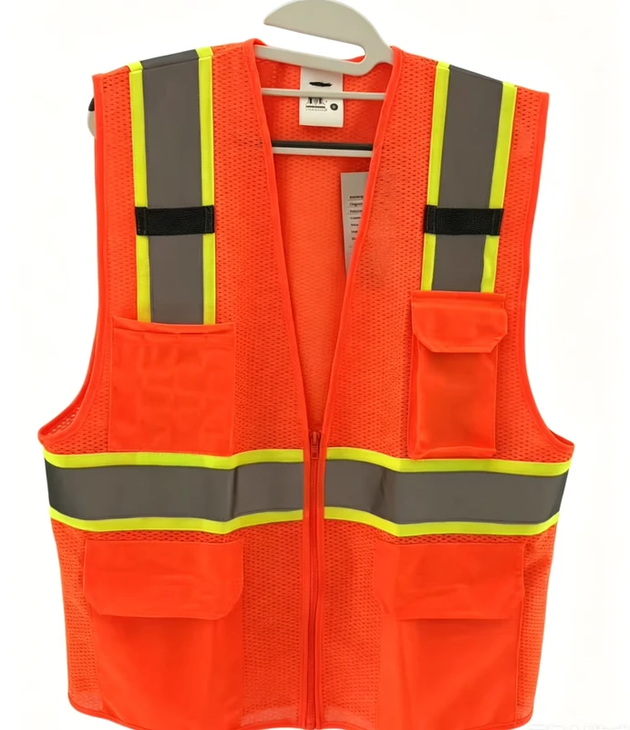 High Visibility Orange Mesh Safety Vest with Multi Pockets for Construction Workers