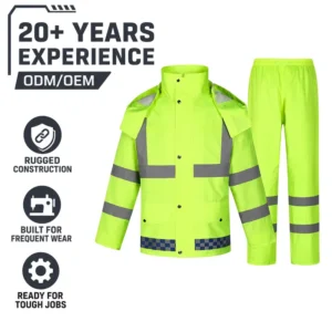 High Visibility Rain Suit Fluorescent Green 300D Oxford PU Reflective Safety Trim for Road Work and Traffic Duty