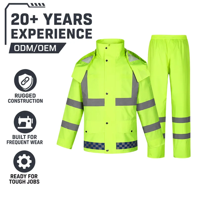 High Visibility Rain Suit Fluorescent Green 300D Oxford PU Reflective Safety Trim for Road Work and Traffic Duty