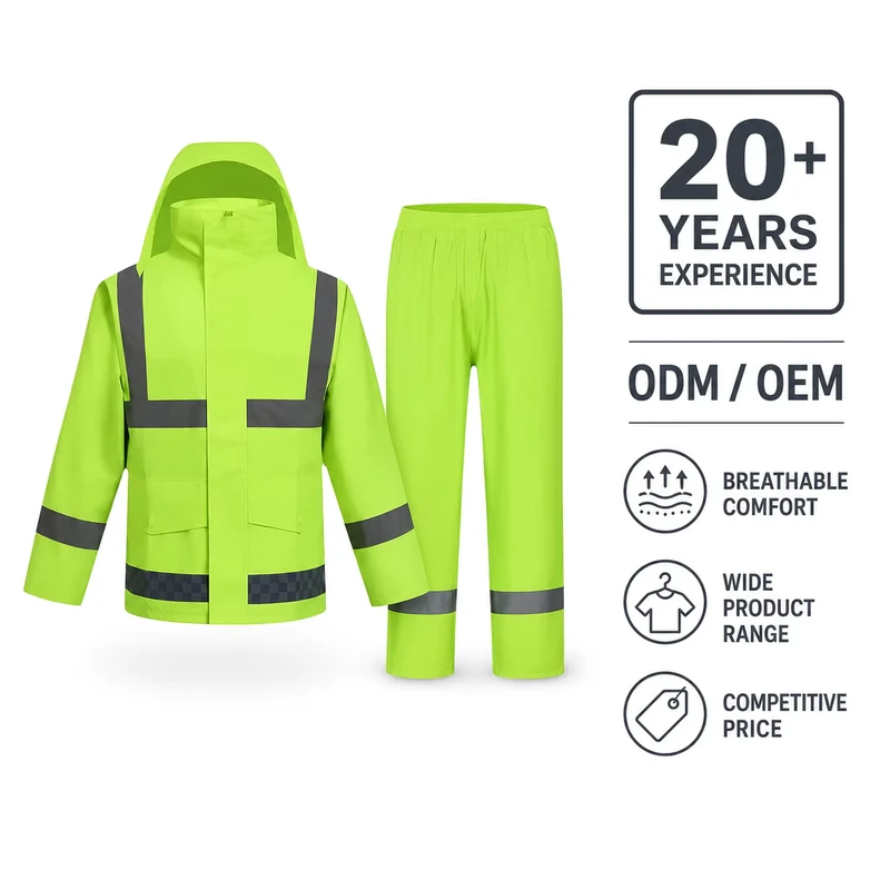 High Visibility Rain Suit in Fluorescent Green 150D Oxford PVC with Reflective Safety Trim for Road Work and Traffic Duty