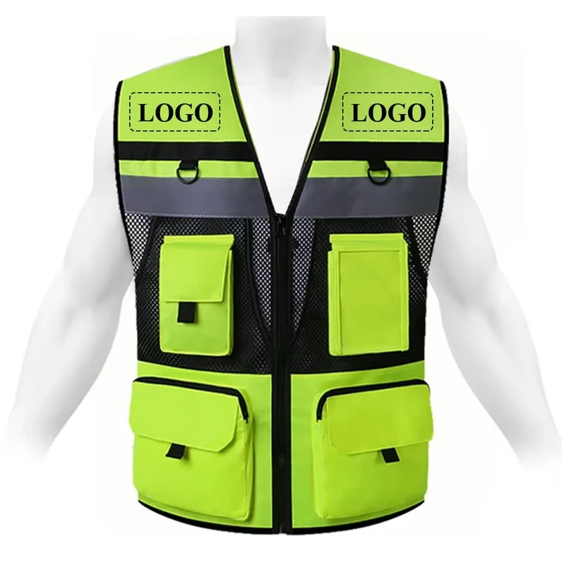 High-Visibility Reflective Breathable Mesh Safety Vest with Multi-Pockets for Construction