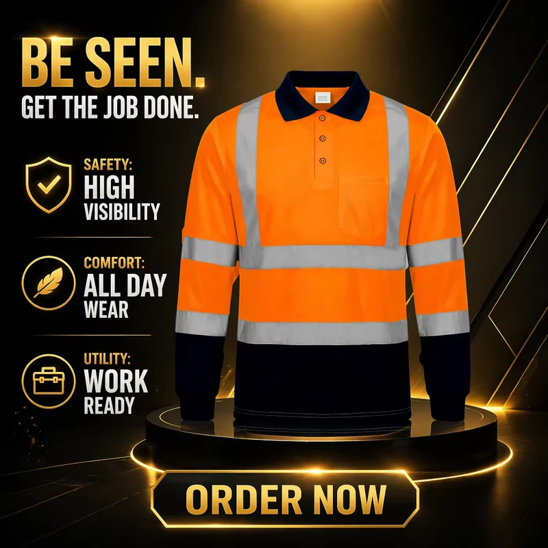 High Visibility Reflective Long Sleeve Polo Shirt Heavy Duty Safety Workwear Collared Hi Vis Gear for Road Construction