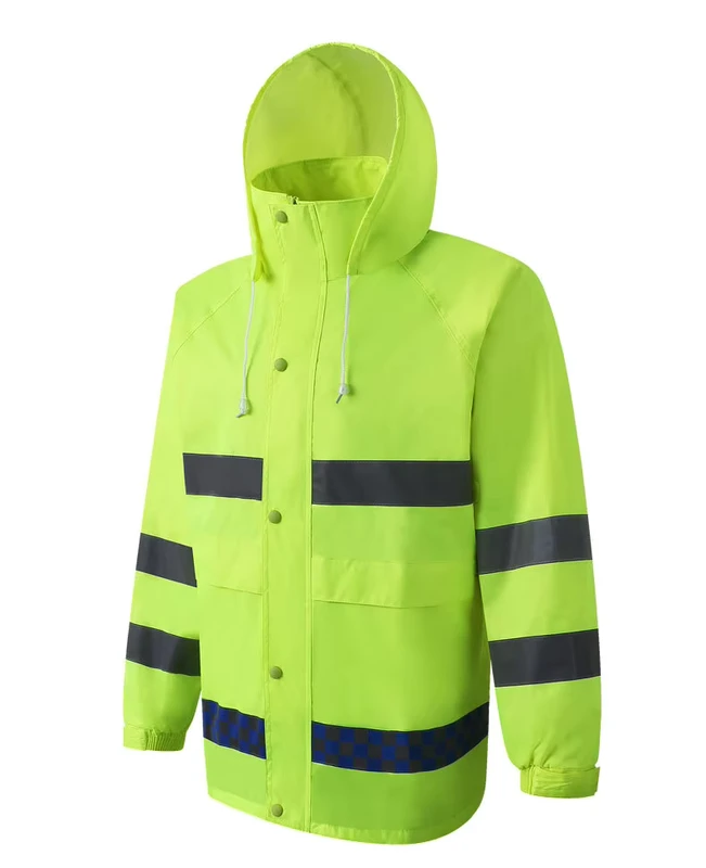 High Visibility Reflective Safety Rain Jacket with Hood Fluorescent Yellow Waterproof Workwear for Construction & Road Workers