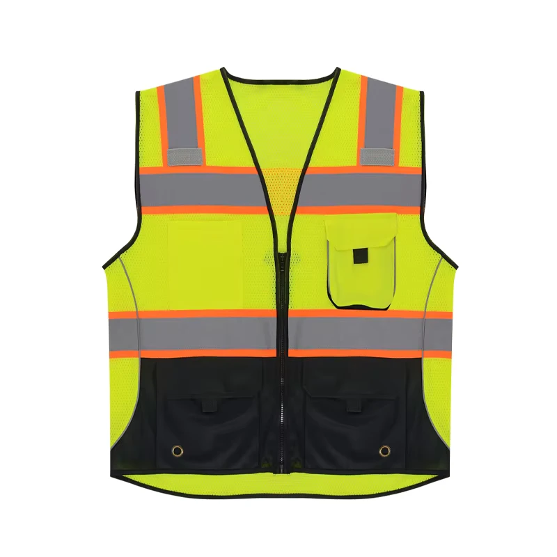 High-Visibility Reflective Surveyor Construction Safety Vest with Zipper, Mesh, and Multi-Pockets