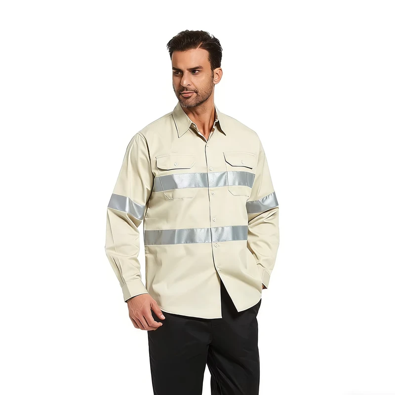 High Visibility Reflective Work Shirts Long Sleeve Button up Safety Uniform for Men