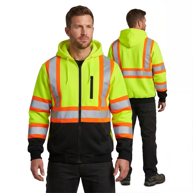 High Visibility Safety Breathable Fleece Zip Workwear Pullover Jackets Detachable Reflective Hoodies ANSI Certified Unisex