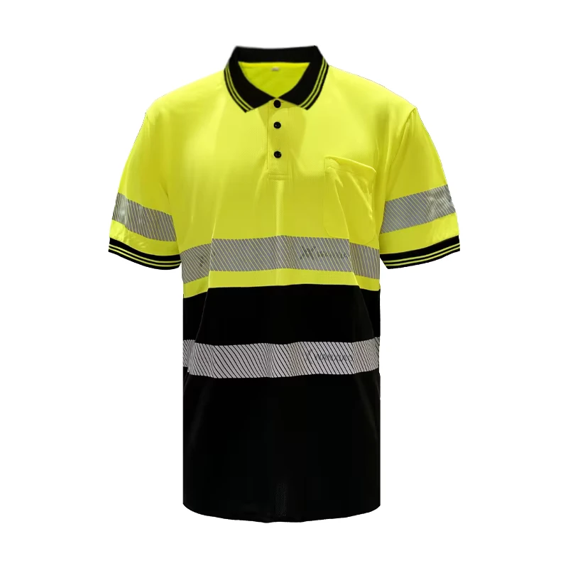 High Visibility Safety Polo Shirt Short Sleeve Breathable Yellow Mix Black Construction Work Wear Hi Vis Shirts Reflective