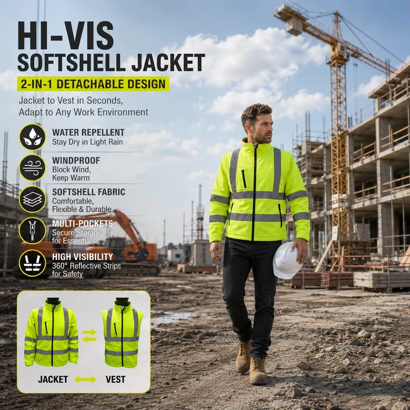 High Visibility Softshell Jacket Security Work Yellow Safety Reflective Jacket Waterproof Workwear With Detachable Sleeves