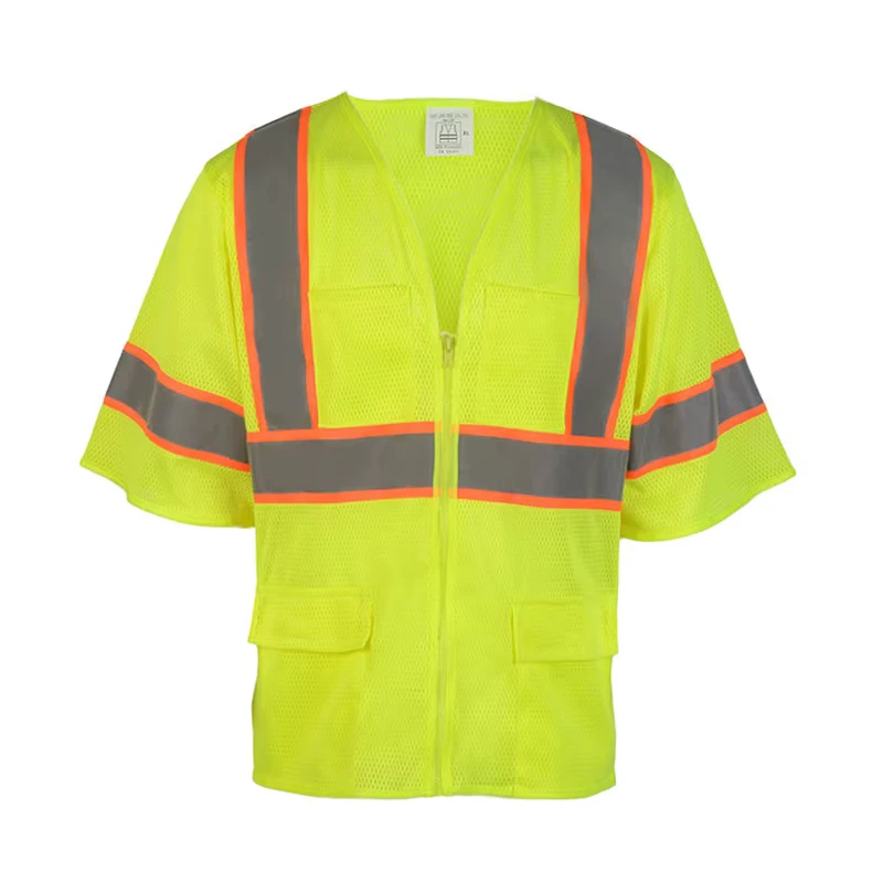 High Visibility Surveyor Work Vest with Reflective Tape, Zipper Front, Two Tone Mesh, Sleeves, and Pockets