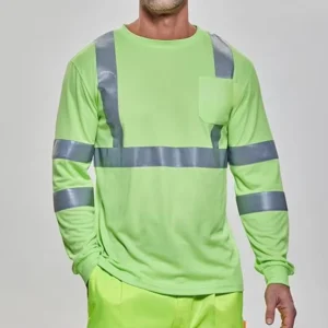 High Visibility T Shirt Fluorescent Green Breathable Mesh Fabric Long Sleeve Safety Uniform with Reflective Stripe