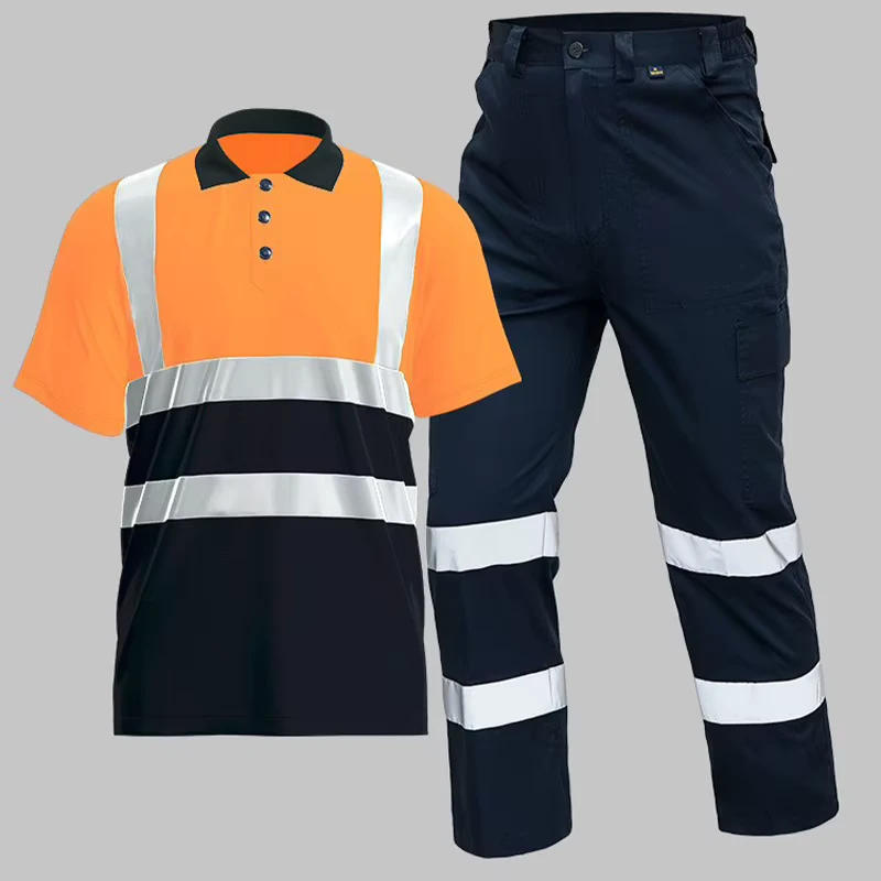 High Visibility Work Polo T Shirt with Reflective Strips and Waterproof Work Pants Roadway Hi Vis Polo Shirt for Safety