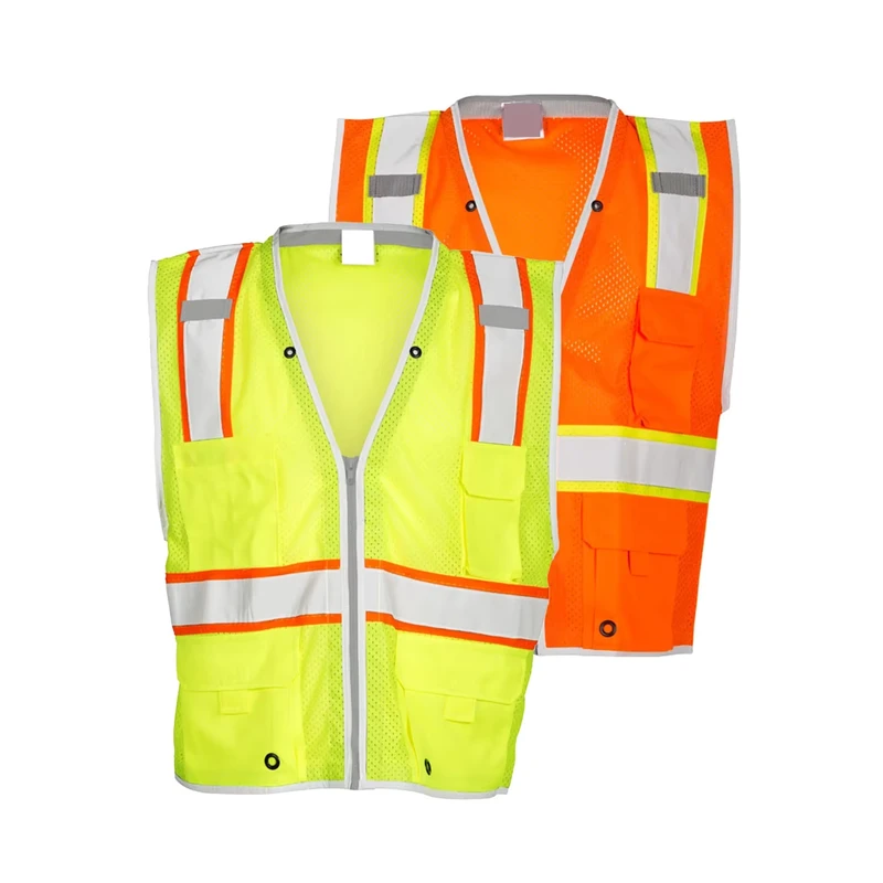 High Visibility Yellow Construction Reflective Surveyor Mesh Safety Vest with Two-Tone Design, Multi-Pockets and Zipper