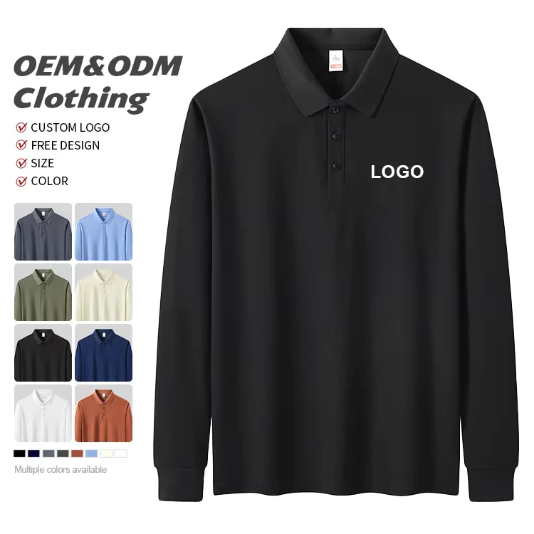 High end Custom Good Quality Embroidery logo Long Sleeve Polo Shirts Uniform Pure Cotton Men's Lapel Collar Long Sleeve t Shirts