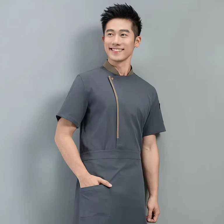 High-end-Unisex-Chef-Uniform-Tops-Short-Sleeve-Polyester-Cotton-Summer-Embossed-Logo-for-Hotel-and-Restaurant-Use