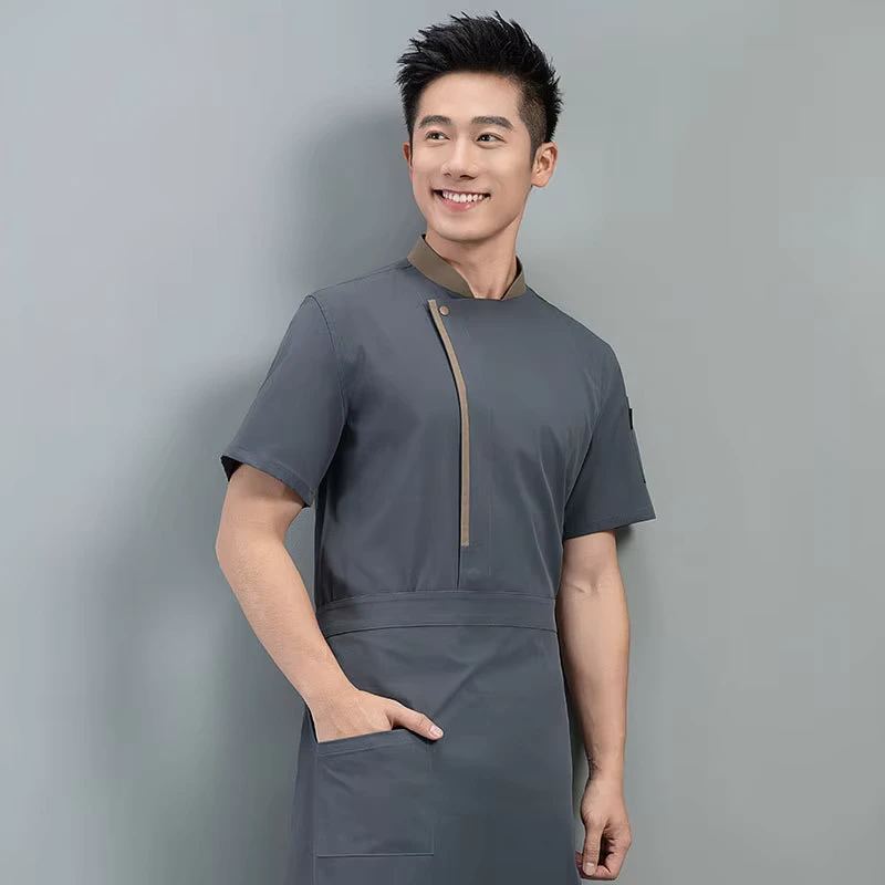 High-end Unisex Chef Uniform Tops Short Sleeve Polyester Cotton Summer Embossed Logo for Hotel and Restaurant Use