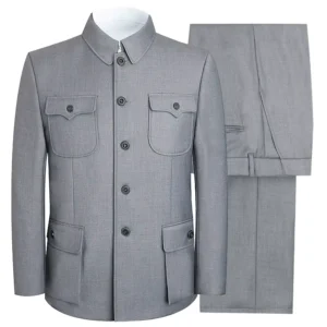 High end Vintage Zhongshan Suit Men’s Middle aged Elderly Dad’s Light Gray Spring Autumn Winter Zipper Beaded