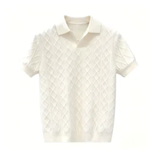 High quality Retro Diamond Textured Knit Polo Breathable Casual Daily Oversized Comfort Knitwear Men’s T Shirt