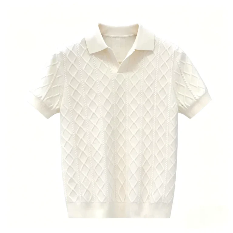 High-quality-Retro-Diamond-Textured-Knit-Polo-Breathable-Casual-Daily-Oversized-Comfort-Knitwear-Mens-T-Shirt