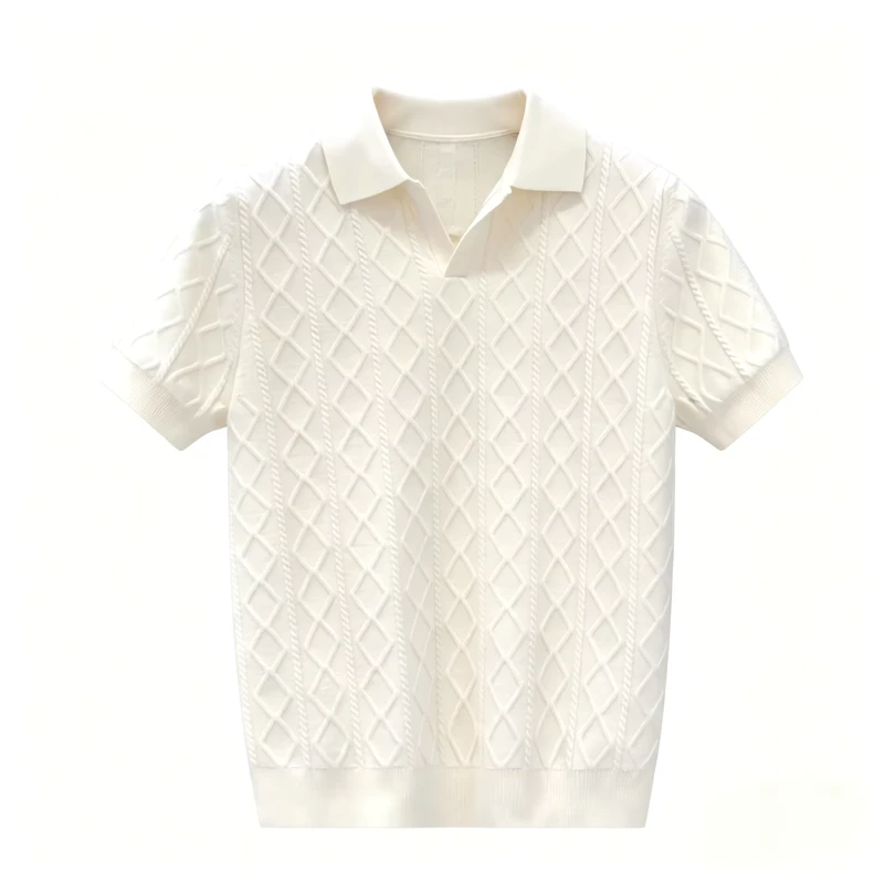 High quality Retro Diamond Textured Knit Polo Breathable Casual Daily Oversized Comfort Knitwear Men's T Shirt
