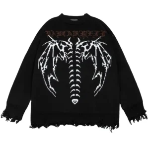 Hip Hop Frayed Knitted Sweater Men Gothic Letter Bat Skeleton Print Pullover Women Autumn Street Sweater Punk Warm