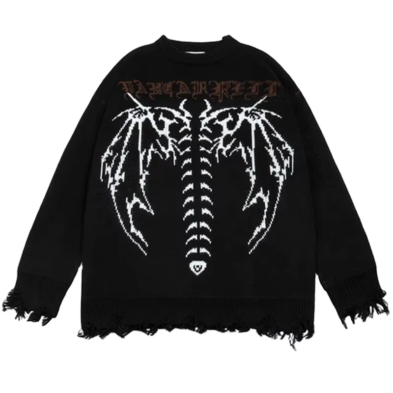 Hip Hop Frayed Knitted Sweater Men Gothic Letter Bat Skeleton Print Pullover Women Autumn Street Sweater Punk Warm