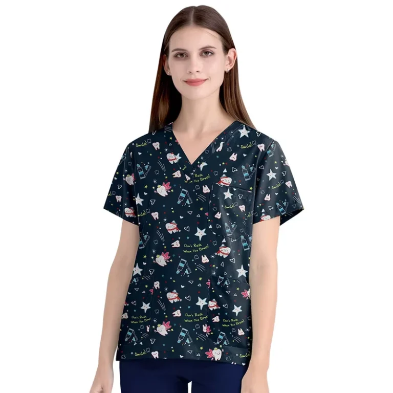 Hospital-Nurse-Uniform-V-neck-Floral-Top-Nursing-Scrubs-Unisex-Cotton-Work-Clothes-Short-Sleeves-Women-Men-Multicolour
