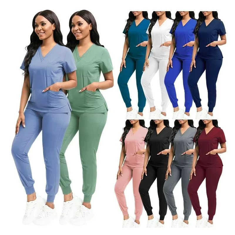 Hospital Scrub Uniform Set Breathable Spandex Stretch V-Neck Jogger Nursing Scrubs