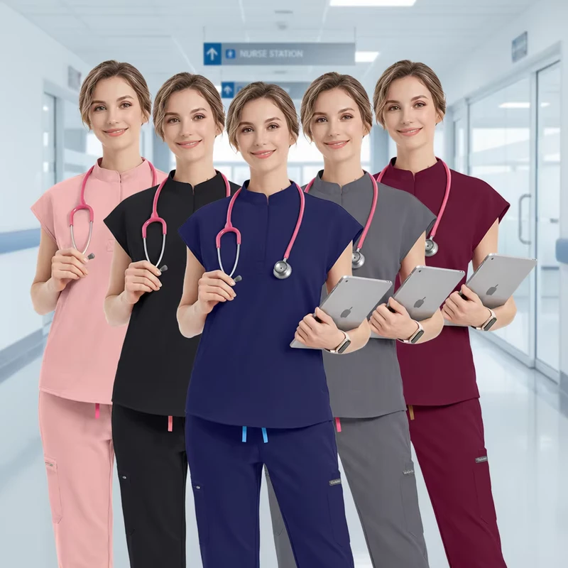 Hot Selling Polyester Rayon Spandex Elastic Custom Logo Label Hospital Rayon Nurse Scrubs Women Scrubs Uniforms Suit Set