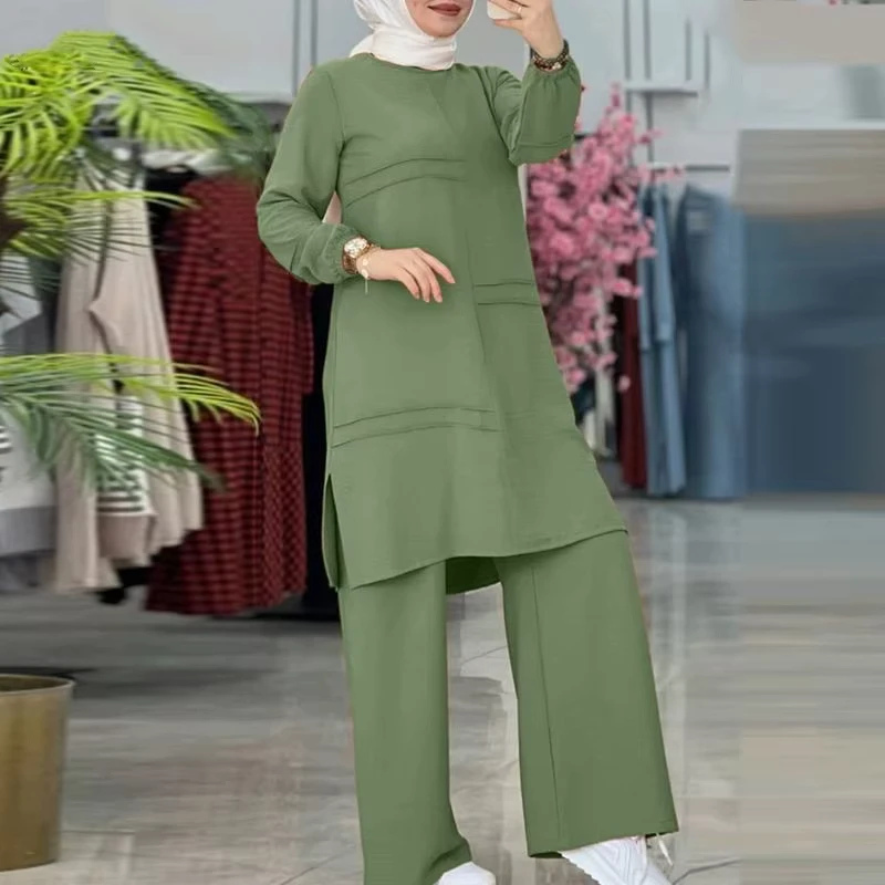 Hot Selling Solid Color Elegant Islamic Clothing 2 Piece Modest Sets Abaya Suit Muslim Tunic Top and Pants Set