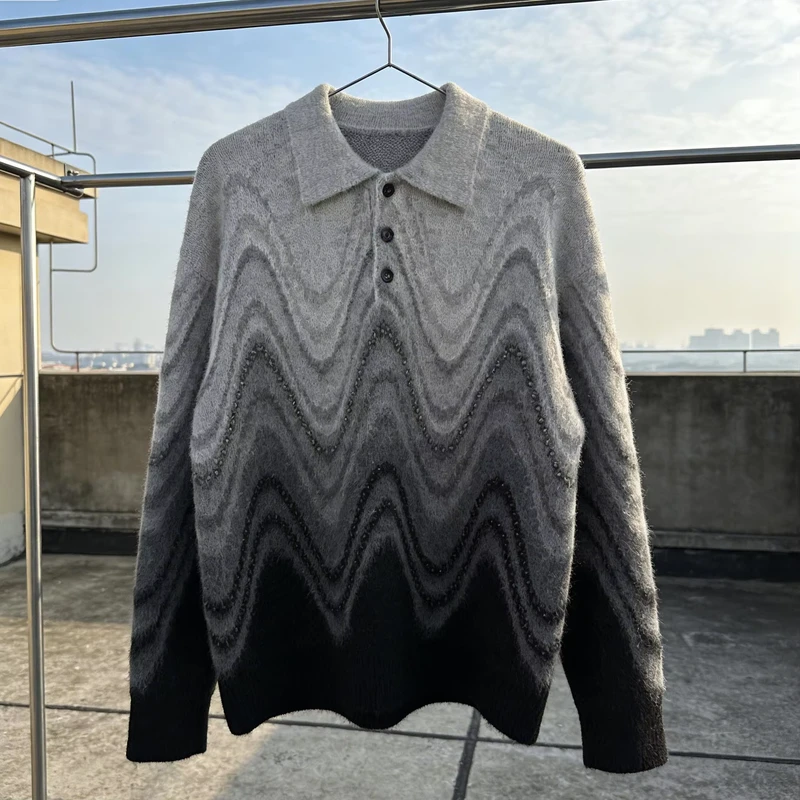 Hot Supplier OEM High Quality Fuzzy Brushed Mohair Knit Sweater Custom Plus Size Jacquard Intarsia Gradient Polo Collar Knitwear