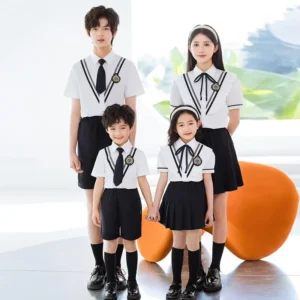 Hot selling Children’s Korean Girls’ Teachers White Polo Shirt With Blue Skirt Boys’ Primary High School Uniforms