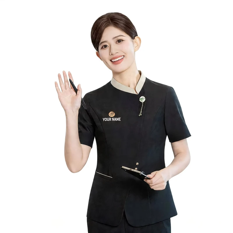 Hotel Bar Staff Summer Unisex Short Sleeve Waiter Jacket Restaurant Uniform Shirt Polyester Worsted Fabric