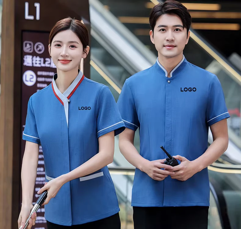 Hotel Cleaning Work Clothes Housekeeping Restaurant Staff Uniforms Short Sleeve Top Customized Embroidery Logo
