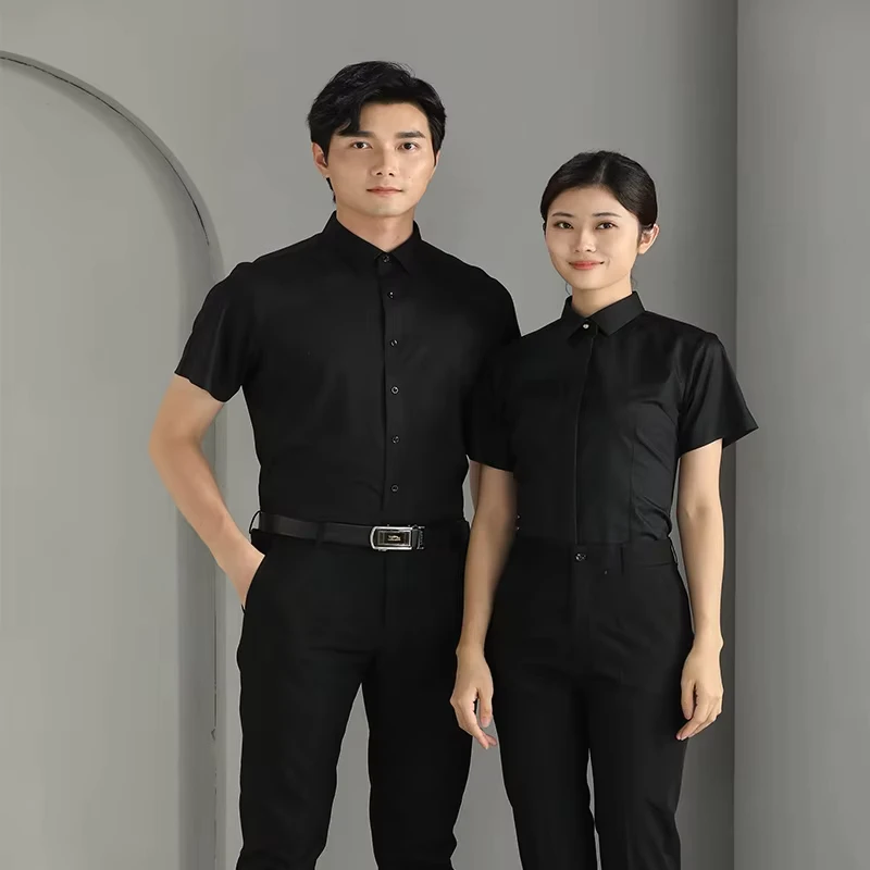 Hotel Restaurant Factory Customized Solid Color Lapel Short sleeved Staff Uniforms Service Industry Staff Shirts