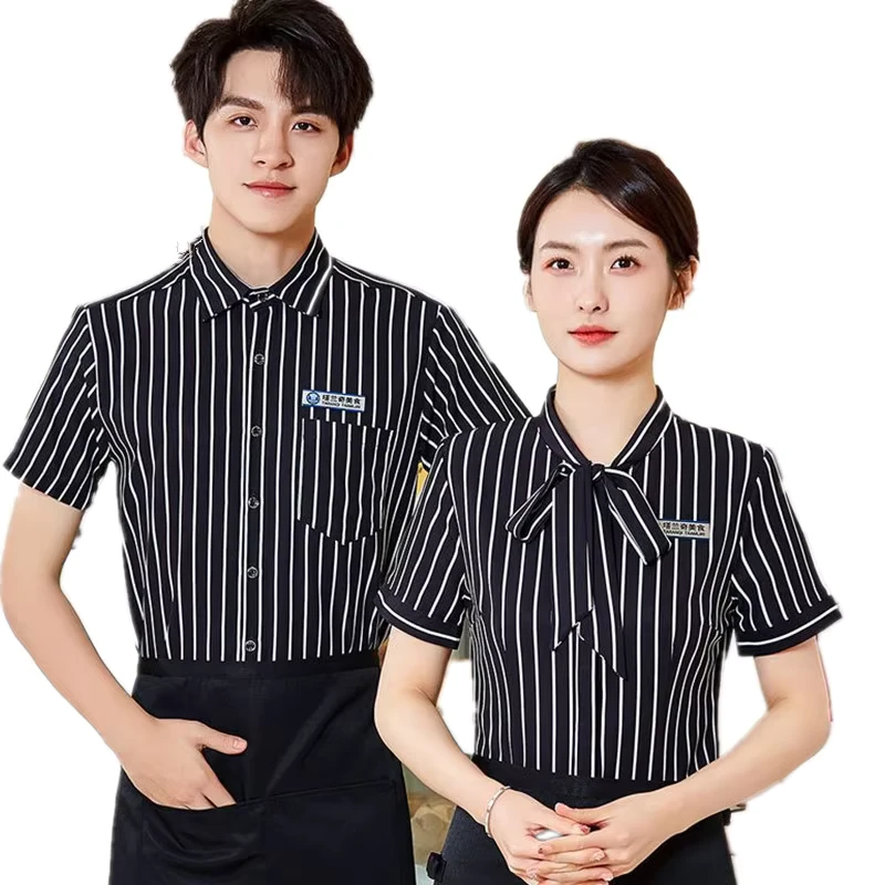 Hotel Restaurant Kitchen Catering Bar Pub Salon Button Men Women Work Uniform Reception Waiter Waitress Short Sleeve Shirt 100%