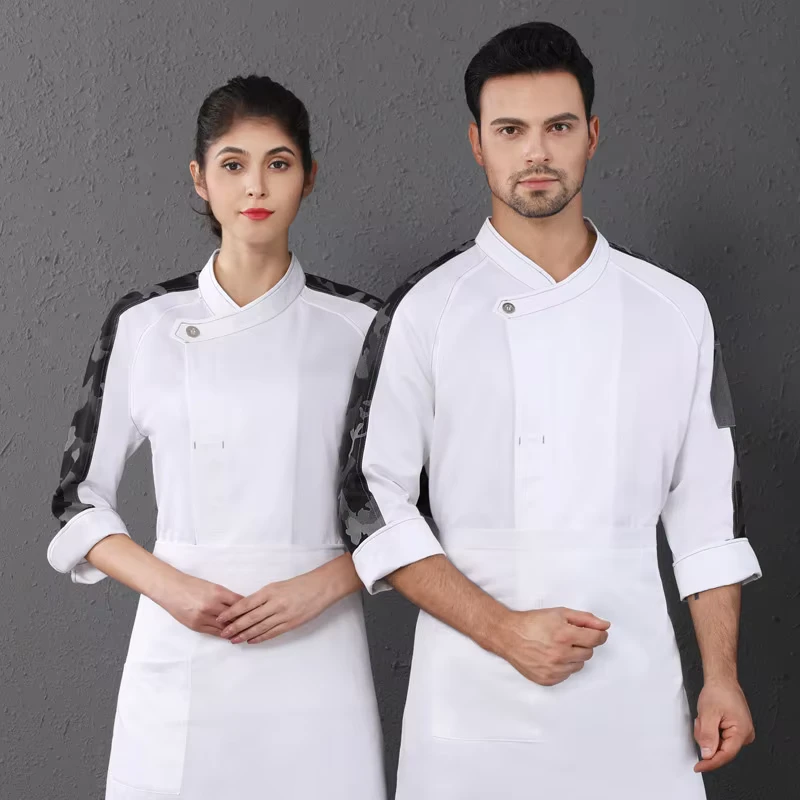 Hotel Restaurant Kitchen Chef Uniform Unisex Long Three Quarter Sleeve Cotton Embossed Chef Jackets Chinese Style