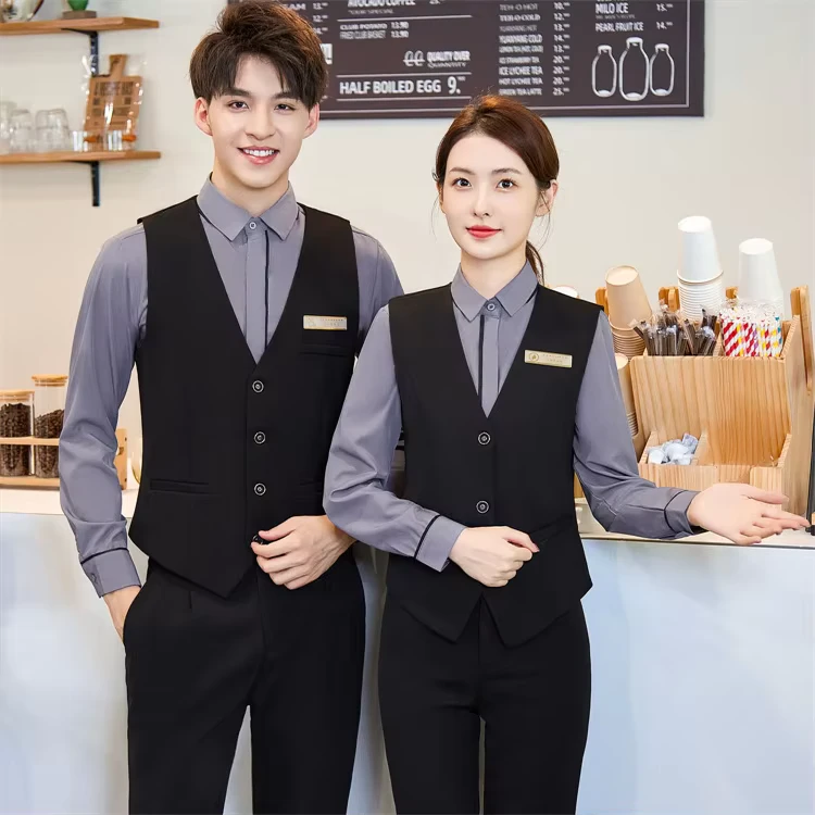 Hotel Restaurant Server Wait Staff Custom Logo OEM Long Sleeve Unisex 100% Polyester Uniform Waistcoat Vest