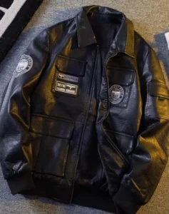 Hpcp American Cargo Pilot Jacket Men’s Winter with Fleece Warm Motorcycle Jacket PU Letter Shearing Zippered