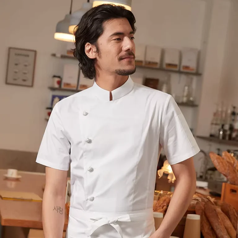 IBang-Mens-High-End-Summer-Short-Sleeved-OEM-Chef-Uniforms-Polyester-Cotton-Blend-Custom-Logo-Thermal-Transfer-Restaurant-Bar
