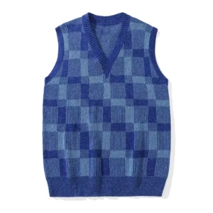 IMH015 Autumn New Men’s Retro Checkered Tank Sweater Brand Loose Casual Knitwear with V Neck Breathable and Anti Shrink
