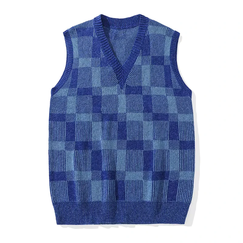 IMH015 Autumn New Men's Retro Checkered Tank Sweater Brand Loose Casual Knitwear with V Neck Breathable and Anti Shrink