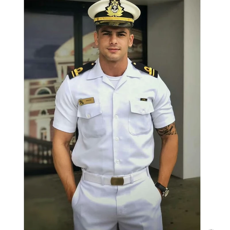 ISO Factory White Shirt and Pant Airline Pilot Suit Custom Marine Uniforms Naval Academy Short Sleeve Summer Embroidery for Men