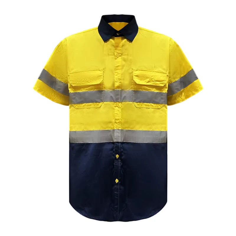 Industrial Hi Viz Workwear Shirt Half Sleeve Fluorescent Reflective Safety Shirts With Zipper