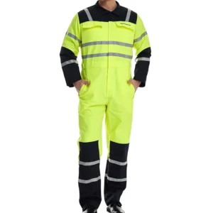Industrial Mechanic Work Safety Fr Jumpsuit Fluorescent Yellow Men Hi Vis Coverall With Reflective Tape