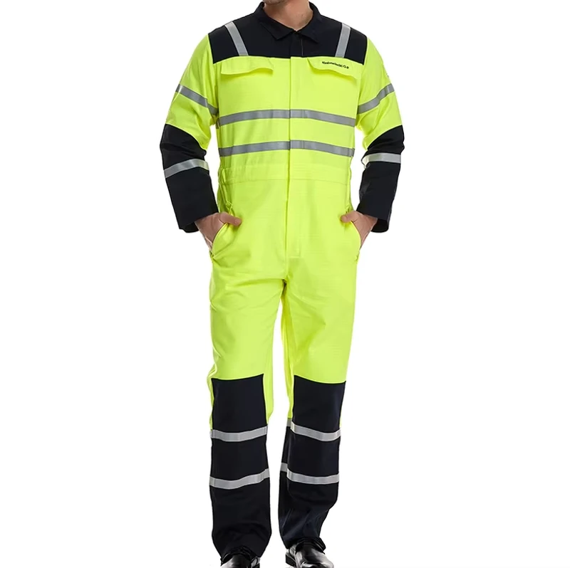 Industrial Mechanic Work Safety Fr Jumpsuit Fluorescent Yellow Men Hi Vis Coverall With Reflective Tape