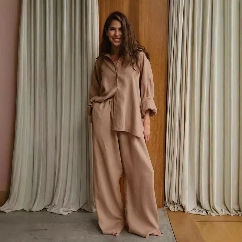 Islamic Casual Suit Loose Solid Color Linen Muslim Blouse and Trousers Abaya 2pcs Set for Ramadan/Eid