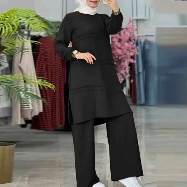 Islamic-Clothing-Plus-Size-Muslim-Tunic-and-Pants-2pcs-Set-Arabic-Middle-East-Solid-Ramadan-Long-Sleeve-Ladies-Women-Suit