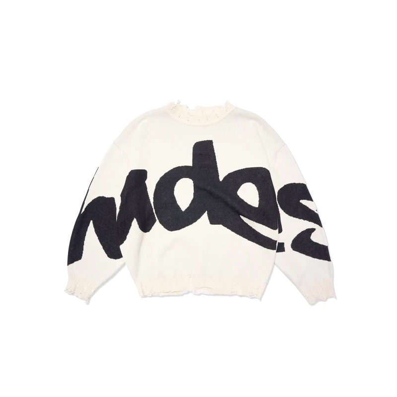 Jacquard Sweater Oversize Fashion Distressed Knitwear Jacquard Letter Knitted Crewneck Sweater