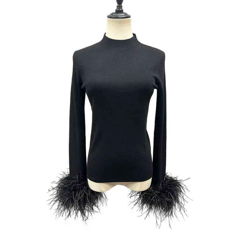 Jancoco Winter Spring Knitted Sweater Loose Women Ostrich Fur Sweater