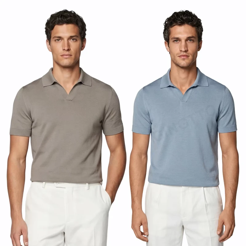 Johnny Collar Polo Shirt Short Sleeve Buttonless Solid Color